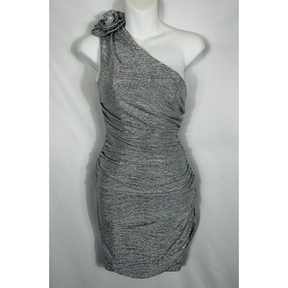 Deadstock USA Vintage Y2K One Shoulder Ruched Dress Metallic Silver Glam Size S